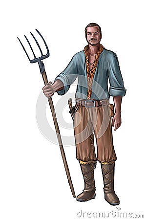 Concept Art Fantasy Illustration of Young Villager, Countryman, Farmer or Village Man With Fork Cartoon Illustration