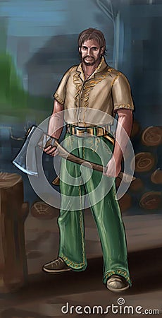 Concept Art Fantasy Illustration of Lumberjack or Villager, Countryman or Village Man With Ax Cartoon Illustration