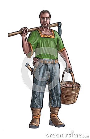 Concept Art Fantasy Illustration of Villager, Countryman, Farmer or Village Man With Hoe and Basket Cartoon Illustration