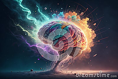 Concept art of a human brain exploding with knowledge and creativity, 3d rendering - generated by ai Stock Photo