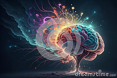 Concept art of a human brain exploding with knowledge and creativity, 3d rendering - generated by ai Stock Photo