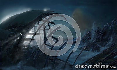 Concept Art Science Fiction Painting of Spaceship Wreck on Alien Planet Cartoon Illustration