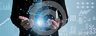Concept Artificial Intelligence,AI technology analysis,machine deep learning,businessman use interface hologram digital data brain Stock Photo