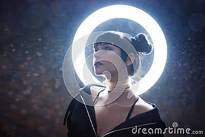 Concept of artificial life. Beautiful young woman, futuristic style. Stock Photo