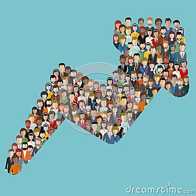 Concept of attracting customers and clients to business. Large group of people in the shape of an arrow direction Cartoon Illustration