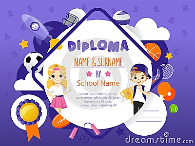 Concept Of Back To School And Awards Ceremony. Beautiful School Diploma Template With Two Smiling Happy Boy And Girl Vector Illustration