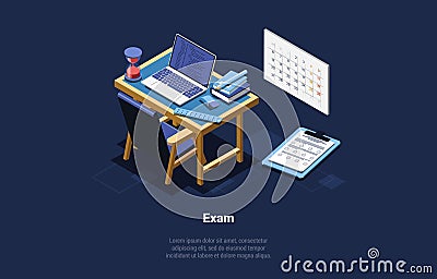 Concept Of Back to School And Exam Pass. Empty Modern Fashion Interior Of Classroom Or Cabinet With Wall Calendar Vector Illustration