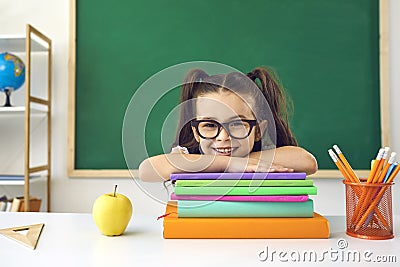 Funny little schoolgirl in glasses sitting in a lesson in class in school. Stock Photo