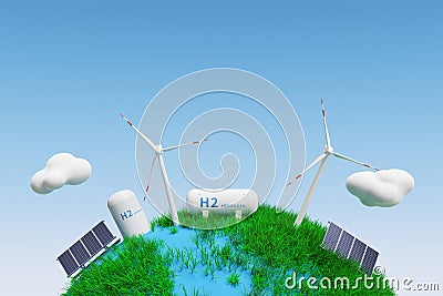 Concept background with solar, wind, and hydrogen energy tanks on a round globe. 3d Stock Photo