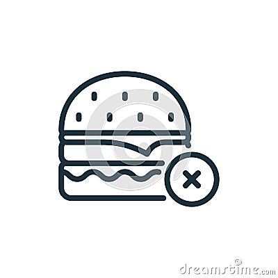 Concept of Ban Burger with Stop Sign Outline Icon. Unhealthy Forbidden Food Line Icon. Prohibition of Eating Here Linear Vector Illustration