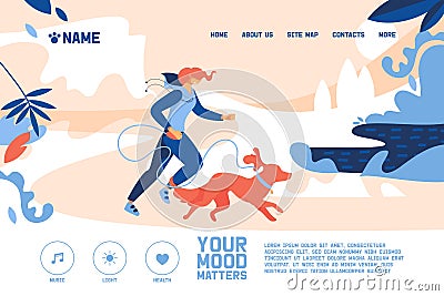 Concept banner with young woman jogging with large orange dog. Vector outdoor illustration with non-urban landscape scene, trees Cartoon Illustration