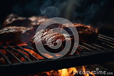 Barbecue party, juicy grilled meat, grilling steak on a fire grill. Generative AI Stock Photo