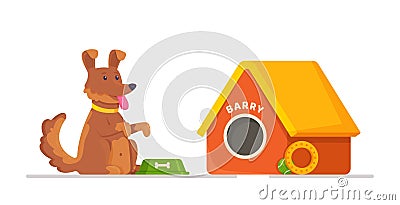 Concept of a beautiful dog standing in front of his kennel. Vector Illustration