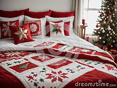 A Bed With A Christmas Quilt On It. Generative AI Stock Photo