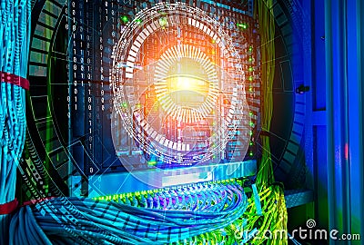 Concept of big data. Hologram technology background over mainframe with cables in Network switch and UTP ethernet cables Stock Photo
