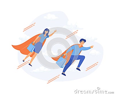 Concept of big discount, customer, people with shop bags flying like super hero, urgent sale, Vector Illustration