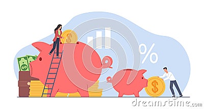 Concept of big and small money savings, huge and little money piggy bank. Family investment strategy, people put income Vector Illustration