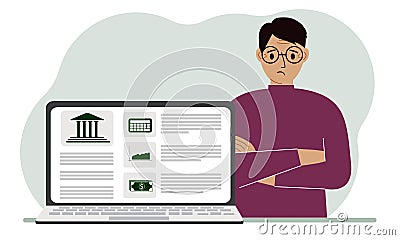 Concept of bill payment, money deposit, bank account management from laptop or computer site. Man with laptop and bank Vector Illustration