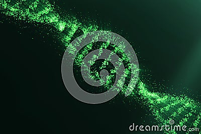 Concept of biochemistry with dna molecule on green background, Genetic engineering scientific concept, green tint. 3D Stock Photo