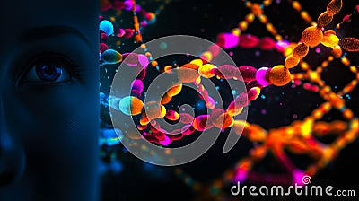 Concept of biochemistry with dna molecule, Human face, DNA on dark background. Ai generated Stock Photo