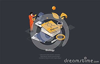 Concept Of Biology And Science. Scientist Man With Flower In A Pot Making Biological Experiments In Laboratory Using Vector Illustration