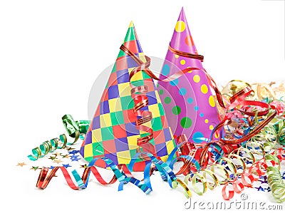 Concept birthday celebration - a hat and serpentine Stock Photo