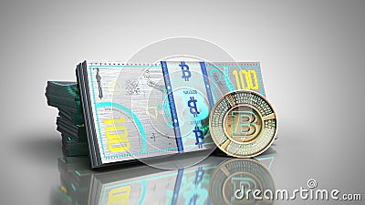 concept of bitcoin banknote and monet virtual money bills 3d render on grey Stock Photo