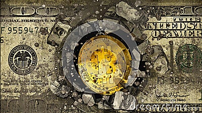 Concept of bitcoin destroying the concrete wall with dollar graffiti, Cartoon Illustration