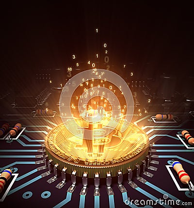 Concept Of Bitcoin Like A Computer Processor With Magic Digital Light Stock Photo