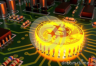 Concept Of Bitcoin Like A Hot Computer Processor On Motherboard Stock Photo