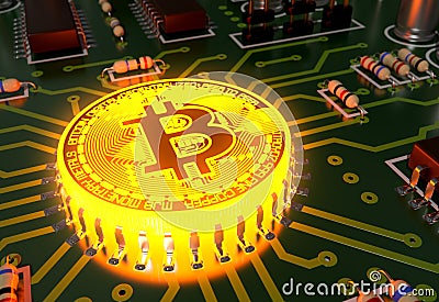 Concept Of Bitcoin Like A Incandescent Processor On Motherboard Stock Photo