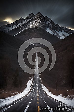 A Black And White Photo Of A Road With A Mountain In The Background. Generative AI Stock Photo