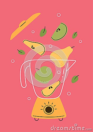 Concept of a blender for fruit smoothie. Food processor or electric mixer makes pear and apple cocktail. Healthy morning Vector Illustration