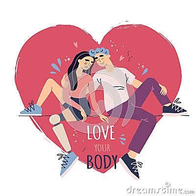 Body positive. couple in love. young girl with a bionic prosthetic leg Vector Illustration