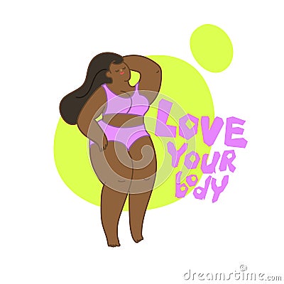 Concept of bodypositive. Beautiful black woman dressed in swimsuit Vector Illustration