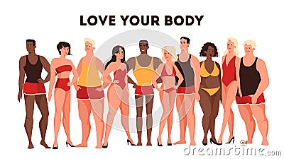 Concept of bodypositive. Female and male character of different body types Vector Illustration