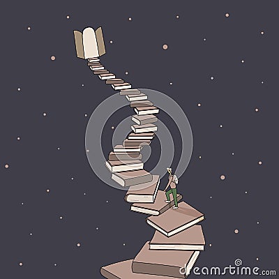 Concept: book or reading is source of knowledge.Tiny boy climb up stack of books in form of ladder leading up to open door with Stock Photo
