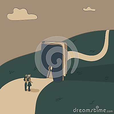 Concept:book is source of knowledge.Tiny boy and girl stand on wide road in front keyhole entrance in book to narrower way.Volume Stock Photo