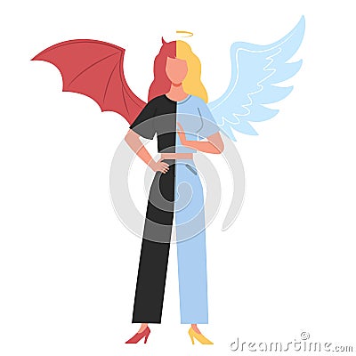 Concept of both good and bad, woman half angel half demon. Religion and ethnic question, morality symbol. Heaven and Vector Illustration