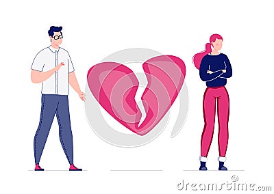 Broken heart. Breakup in a heterosexual couple. Vector Illustration