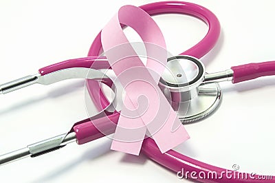 Concept of Breast Cancer. Pink ribbon near the pink-purple stethoscope doctor of breast screening, symbolizing the diagnosis, trea Stock Photo