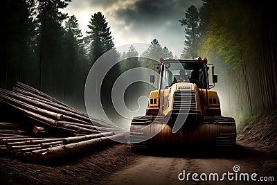 A Bulldozer Driving Down A Dirt Road Next To A Pile Of Logs. Generative AI Stock Photo