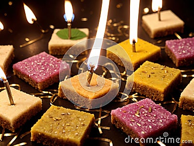 A Bunch Of Small Square Cakes With Lit Candles. Generative AI Stock Photo