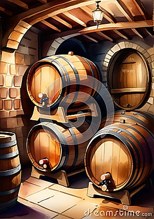 A Bunch Of Wine Barrels In A Cellar. Generative AI Stock Photo