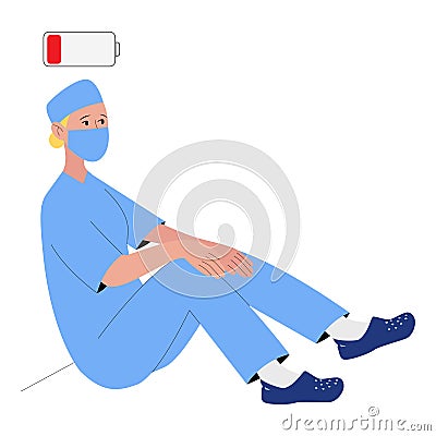 Concept burnout doctor. Tired women doctor in masks and uniforms are sad. Vector illustration in flat cartoon style. Vector Illustration