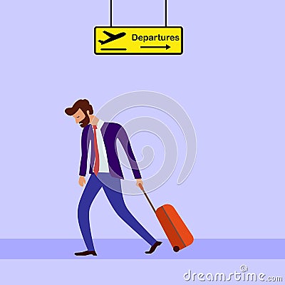 concept of burnout at work and being late for flight. latecomer is drooping bearded man in suit with red tie and travel bag on Cartoon Illustration