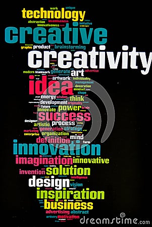 Creativity Innovation Ideas Business Solutions. Creativity as a Text Cloud Abstract Background .Innovation and technology concArt Stock Photo