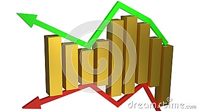 Concept of business gains and losses represented by gold bars sitting between green and red arrows isolated on white Stock Photo