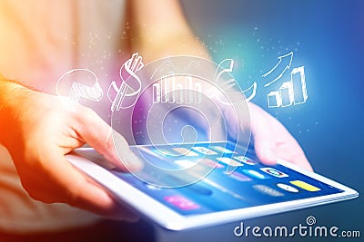 Concept of business hand drawn icon flying out a tablet - Techno Stock Photo