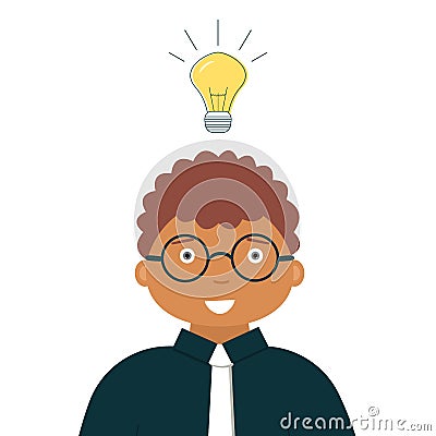 Concept of business idea: Smiling black man accountant or auditor with included burning light bulb above head as a metaphor or Vector Illustration